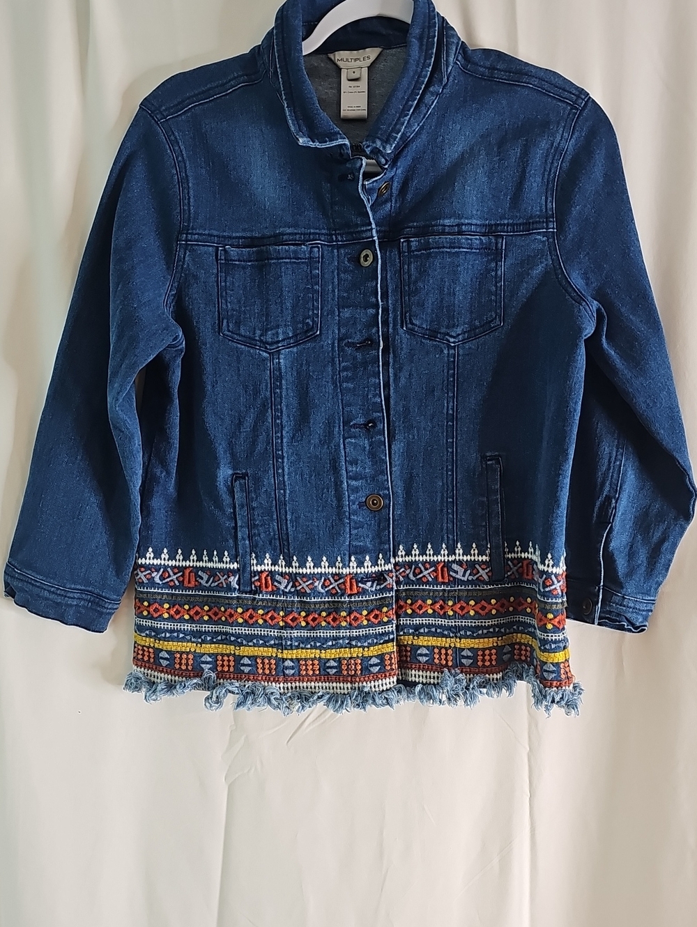 Multiples Dark Blue Denim Jacket with Colorful Embroidered Hem